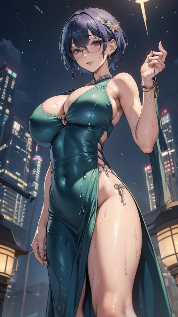 Perfect hands、Perfect Fingers、Perfect Anatomy、1 female、Ecstasy face、Detailed eyes、Beautiful short hair、Curly Hair、Very fine and shiny eyes、Fuller lips、Glasses、This image exudes reality、Capturing the essence of delicate portraits、Digital Art、Photorealistic and highly detailed technology、(Big Breasts:1.7)、(Wet Body:1.4)、Sweat、night、Beautiful body lineuscular、Abdominal muscles、Waterfront、(Beautiful legs can be seen through the slit)、(fancy long dress:1.3)、Droopy eyes、(Angle from below:1.6)、hair ornaments、Open-chested、