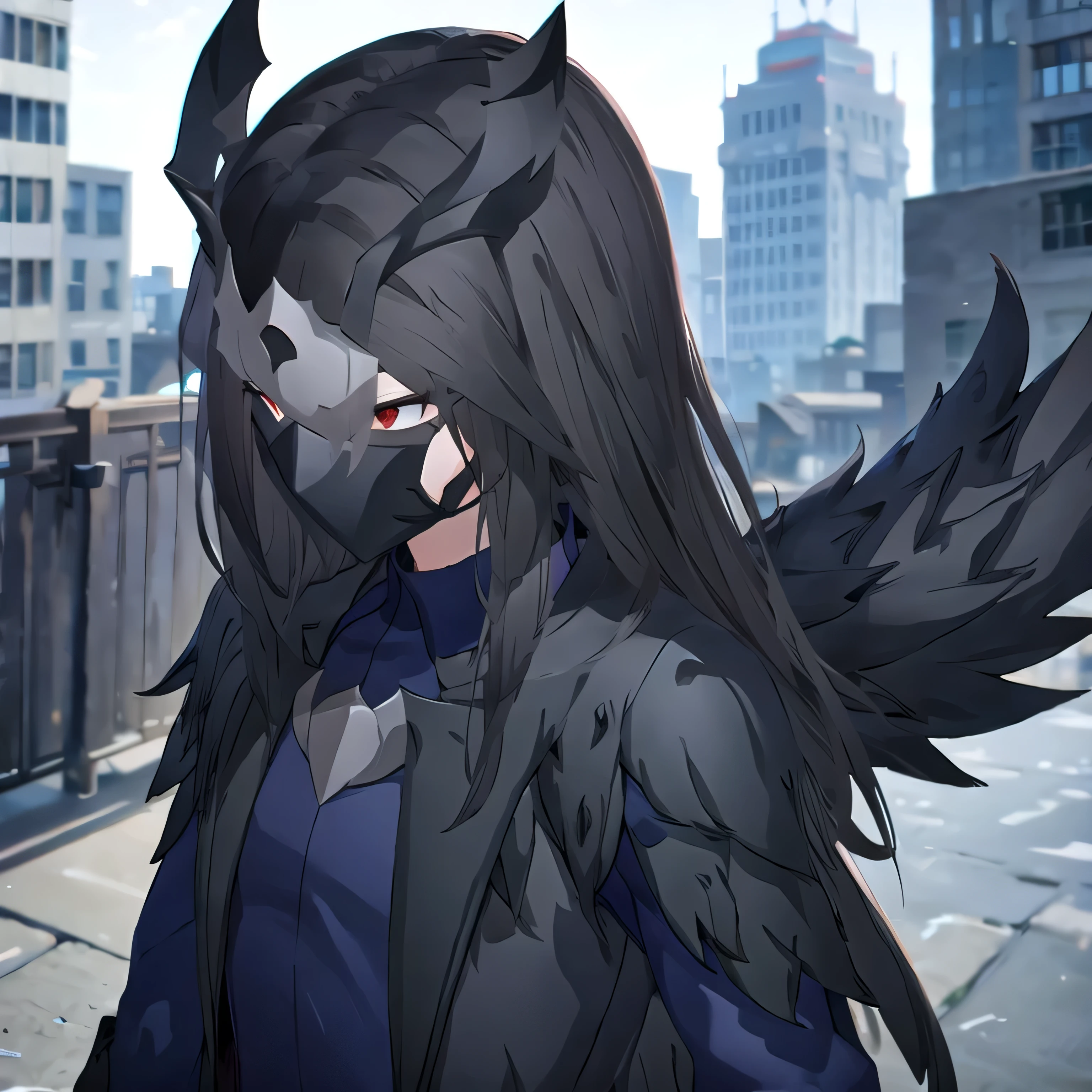 Windrazor, 1girl, wearing hoodie, close all face with mask, black wings, big wings, outdoors, rooftop, afternoon, 12:25pm