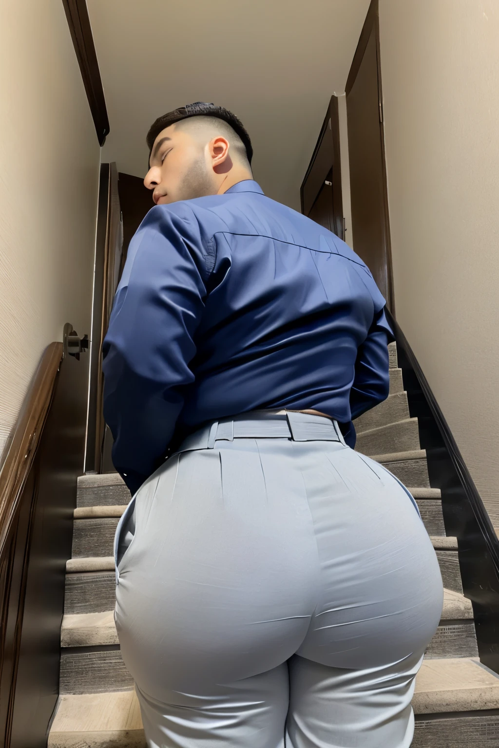 20-year-old boy ,Korean bulky male officer ,Wear navy blue police uniform shirt................ light grey satin smooth tight trouser, transparent pants obvious underwear print ,((unrealistic super big tight butt wearing pants)), walking up stairs, camera from low angle looking up