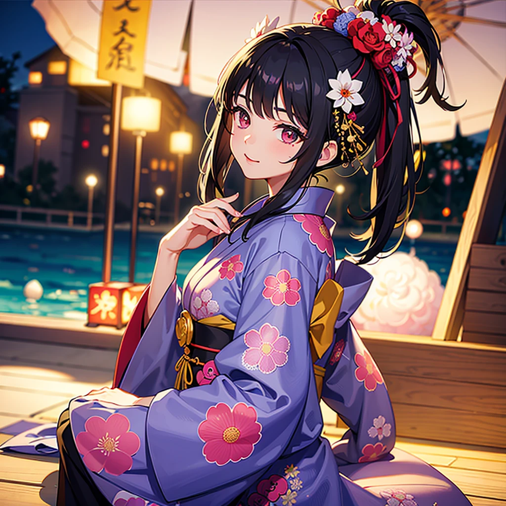 ((Highest quality)), ((masterpiece)), (detailed), One girl, Black Hair,Summer festival,yukata,Cotton candy