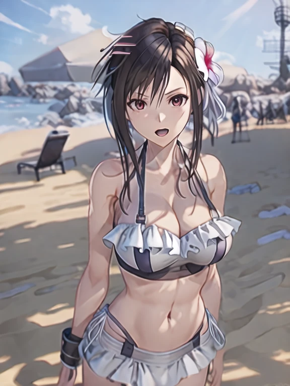 ((Best quality)), ((Masterpiece)), (detailed), masterpiece, best quality, 1girl, Tifa Lockhart, final fantasy, cowboy shot, tifa_sunshine, bikini, black hair, red eyes, sidelocks, swimsuit, frilled bikini, hair ornament, side-tie bikini bottom, bare shoulders, solo, breasts, hair flower, flower, cleavage, navel, large breasts, athletic figure, strong muscles, open mouth, thrilled expression, very excited, high resolution, (ultra-detailed), (best illustration), (best shadow), (absurdres), (perfect hands, perfect anatomy), (4k textures), epic artistic, sharp focus, even lighting, insane details, intricate details, hyperdetailed, rich colors,