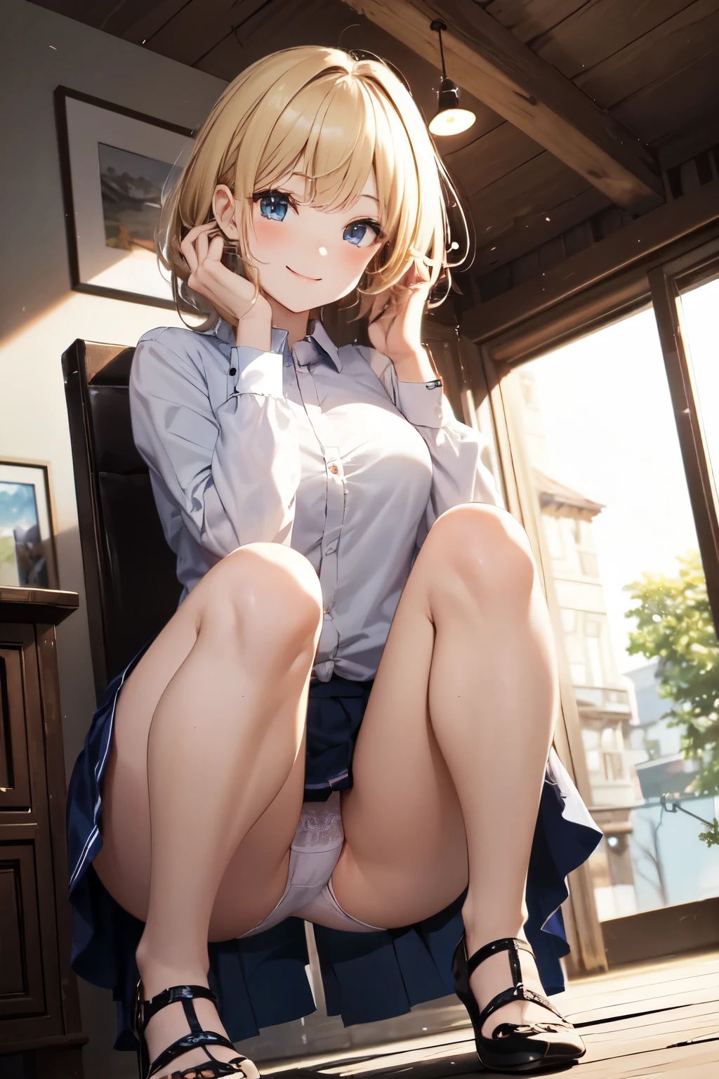 very cute and beautiful girl,(Very detailed美しい顔), (smile),blush,Black Hair,Seraphim,((Blonde、Short Hair)),(White Shirt、Pleated navy blue pread your legs、Squat)、Sitting、(From below)、(Lace panties), Country road, (Highest quality,masterpiece:1.0),Absurd,High resolution,Super detailed,Very detailed,32K,8k resolution, Intricate details,Movie Scenes,Detailed Background,alone,Dynamic Angle,