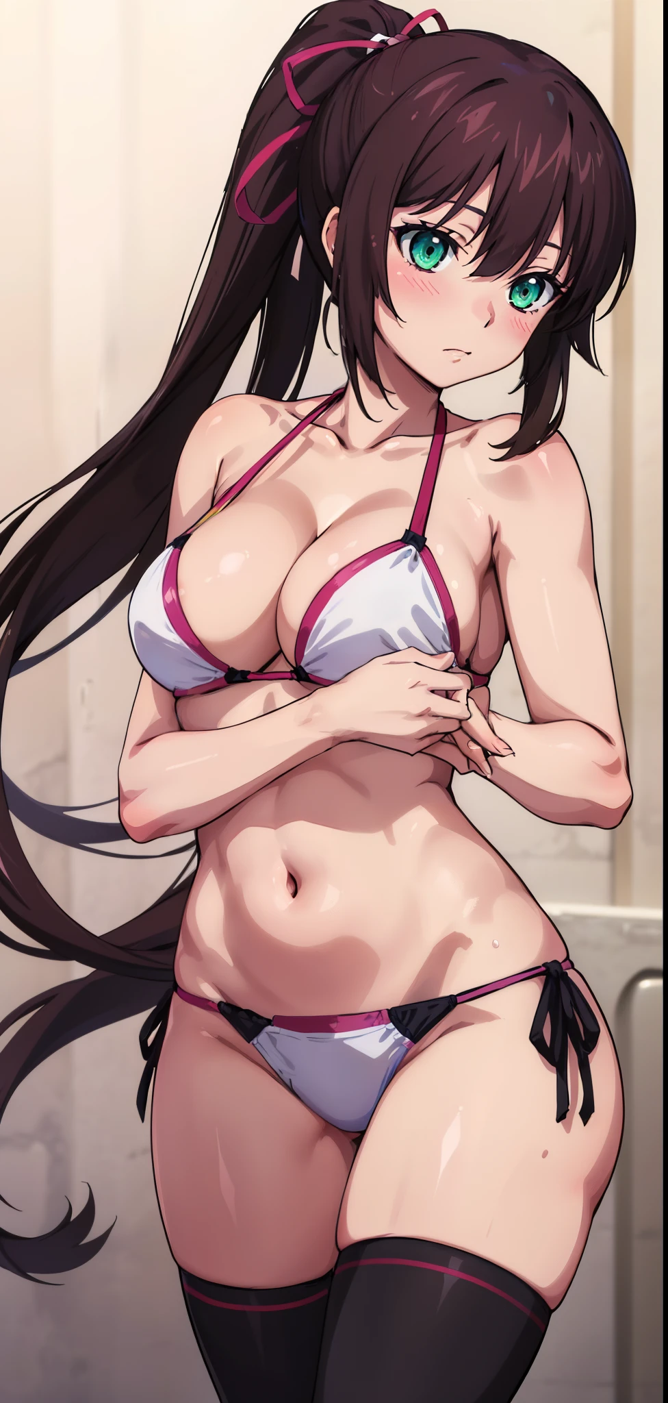 masterpiece, best quality,1girl,solo,kirasaka sayaka,brown hair,long hair,ponytail, hair ribbon, green eyes,,purple thighhighs, wariza, (bikini).