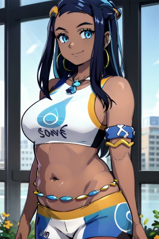 NESSA_POKEMON, 1FAT GIRL, SOLO, DARK SKIN, BLUE EYES, BLACK HAIR, BLUE HAIR, TWO-TONE HAIR, SHORTS, CROP TOP, JEWELRY, NECKLACE, EARRINGS, BIG BELLY CHAIN, ARMLET, MIDRIFF, facing viewer, looking at viewer, upper body plus, smile.