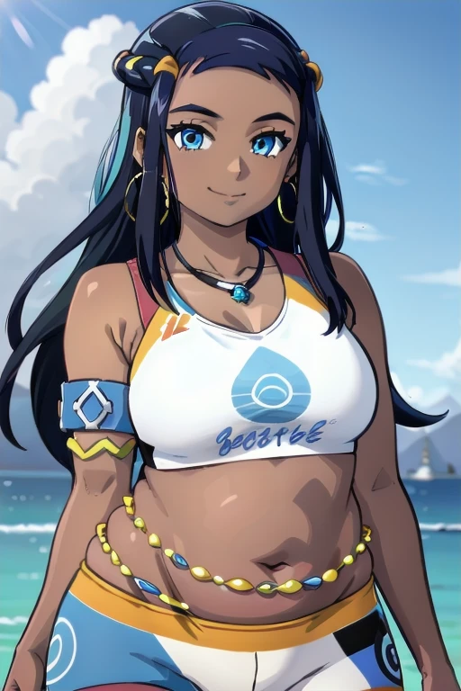 NESSA_POKEMON, 1FAT GIRL, SOLO, DARK SKIN, BLUE EYES, BLACK HAIR, BLUE HAIR, TWO-TONE HAIR, SHORTS, CROP TOP, JEWELRY, NECKLACE, EARRINGS, BIG BELLY CHAIN, ARMLET, MIDRIFF, facing viewer, looking at viewer, upper body plus, smile.