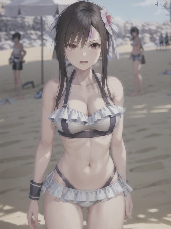 ((Best quality)), ((Masterpiece)), (detailed), masterpiece, best quality, 1girl, Tifa Lockhart, final fantasy, cowboy shot, tifa_sunshine, bikini, black hair, red eyes, sidelocks, swimsuit, frilled bikini, hair ornament, side-tie bikini bottom, bare shoulders, solo, breasts, hair flower, flower, cleavage, navel, large breasts, athletic figure, strong muscles, open mouth, teeth, thrilled expression, very excited, high resolution, (ultra-detailed), (best illustration), (best shadow), (absurdres), (perfect hands, perfect anatomy), (4k textures), epic artistic, sharp focus, even lighting, insane details, intricate details, hyperdetailed, rich colors,
