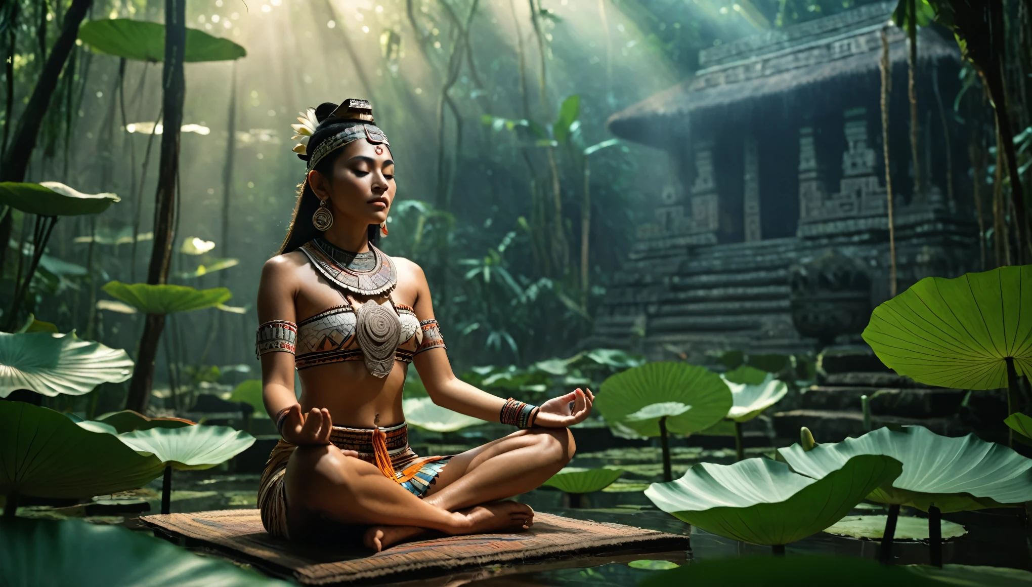 In the middle of the humid jungle, there is a beautiful Aztec woman,  perfectbody. She's meditating, in lotus position. The photograph won major awards and was taken with one of the best cameras., Features cinematic lighting, well-defined details, the best quality, 16K, photorrealistic , 