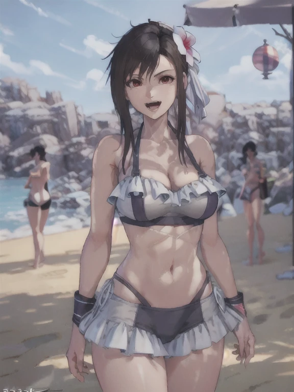 ((Best quality)), ((Masterpiece)), (detailed), masterpiece, best quality, 1girl, Tifa Lockhart, final fantasy, cowboy shot, tifa_sunshine, bikini, black hair, red eyes, sidelocks, swimsuit, frilled bikini, hair ornament, side-tie bikini bottom, bare shoulders, solo, breasts, hair flower, flower, cleavage, navel, large breasts, athletic figure, strong muscles, open mouth, teeth, thrilled expression, very excited, high resolution, (ultra-detailed), (best illustration), (best shadow), (absurdres), (perfect hands, perfect anatomy), (4k textures), epic artistic, sharp focus, even lighting, insane details, intricate details, hyperdetailed, rich colors,
