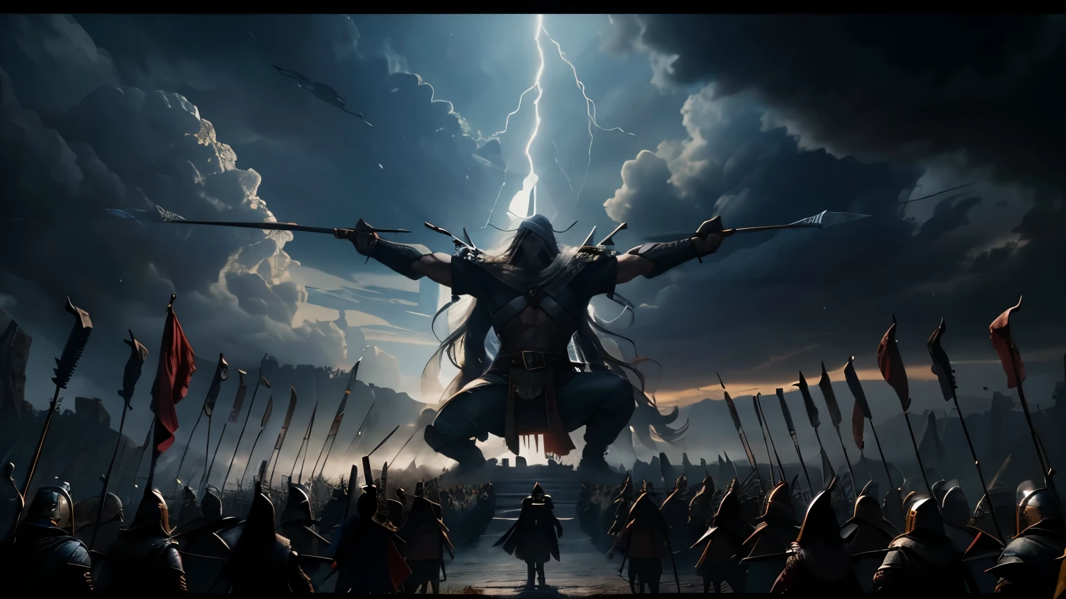 Deep into the heart of the battle they fought,
Covered on all sides as all converged on them,
Until the four could no longer be seen
As time passed I feared them lost,
Then slowly the armies separated, many were dead
I saw the four, each down on one knee,
All stopped to watch and gaze upon them with a smile of victory before sending them into the ground
Then they rose together to make a final stand
With their last bit of strength, they raised their arms into the air
Pointing blood stained weapons to the sky
They called upon the god of war and made ready to die
But Odin would not call them this day to Valhalla,
Instead he sent thunder and lightning to strike the ground
Bestowing upon them the one gift every warrior lives in hope of
The berserker rage!
Now filled with that strength,
The power of a thousand men was given them
No longer mortal they were touched by the gods
This time when they took up the attack, men fell
Not by tens, but by hundreds, by thousands
And when the smoke did clear, the four spoke the words and the masses
Answered the response of the warrior's prayer
Gods of war I call you (Gods of war I call you)
My sword is by my side (my sword is by my side)
I seek a life of honor (I seek a life of honor)
Free from all false pride (free from all false pride)
I will crack the whip (I will crack the whip)
With a bold, mighty hail (with a bold, mighty hail)
Cover me with death (cover me with death)
If I should ever fail (if I should ever fail)
Glory (glory), majesty (majesty), unity (unity)
Hail! (Hail!) Hail! (Hail!) Hail!