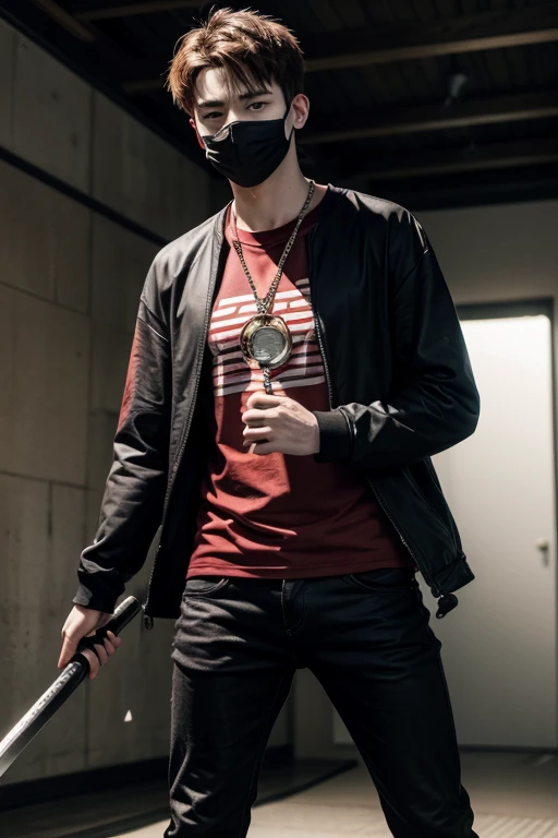 Can you create a character with the following characteristics: he is a 21-year-old man, he is tall, he wears a red t-shirt, a black sweatshirt, black jeans with a chain, black boots, a black mask with red stripes, and he has brown hair. own a katana