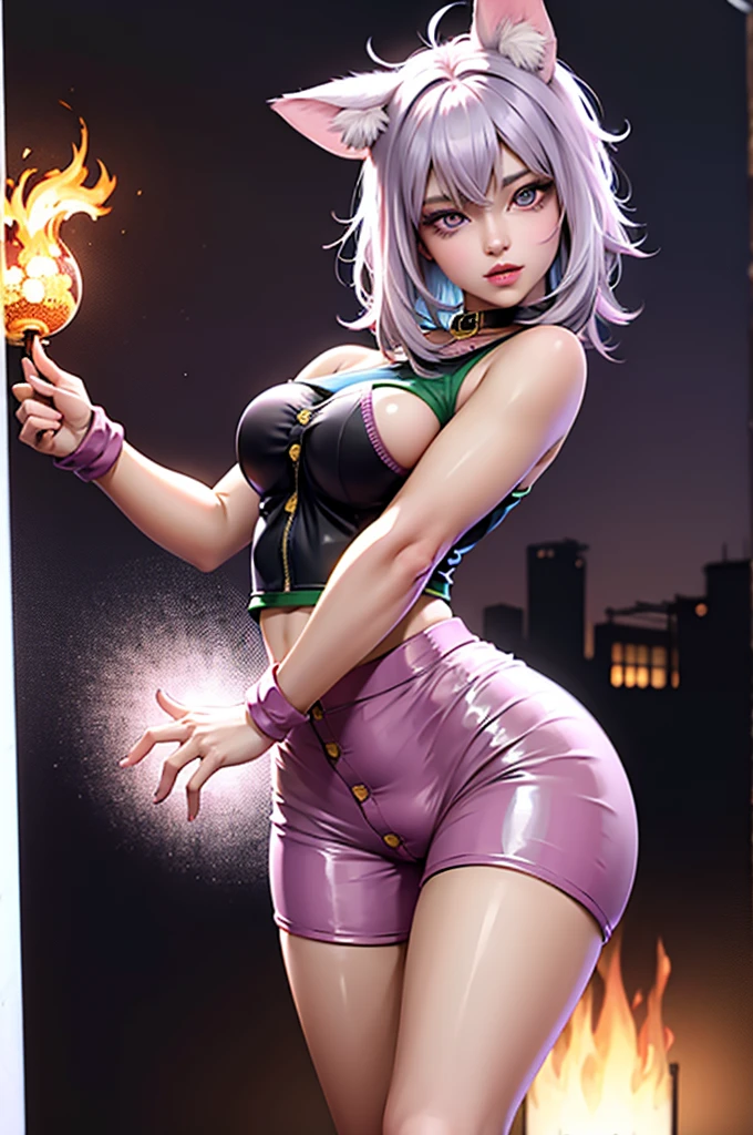 A beautiful detailed android girl with cat ears, large expressive eyes, long eyelashes, cute button nose, luscious pink lips, detailed face, porcelain skin, elegant cat-like pose, Android 21 from Dragon Ball, wearing a tight latex catsuit, tail swishing, dramatic lighting, cinematic composition, rich colors, highly detailed, digital art, photorealistic, masterpiece, 8k