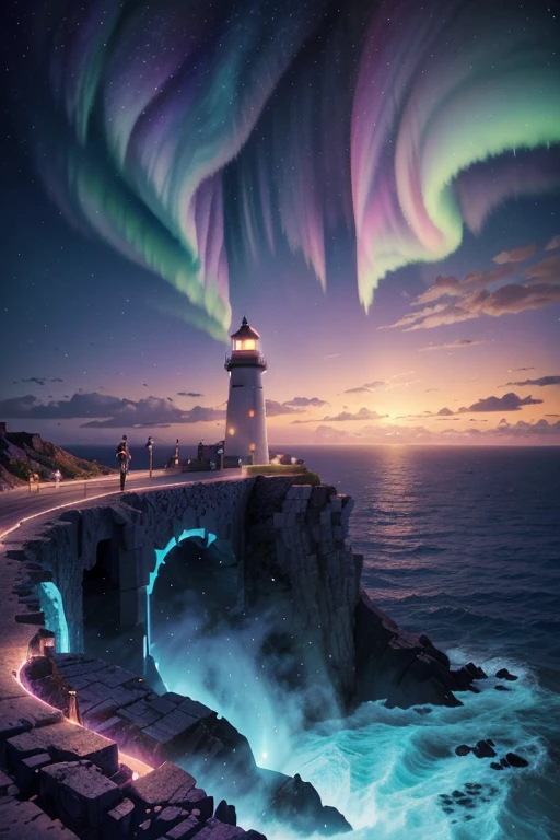 Illustration of a lighthouse on a cliff with a bright blue and purple aurora behind, quiet night. digital illustration, Just Bartel, inspired by Cyril Rolando, stylized digital illustration, In the style of Cyril Rolando, Illustrative wallpaper 4k hd, a beautiful art illustration, background art, art of Alena Aenami, background illustration, dream illustration, amazing wallpaper