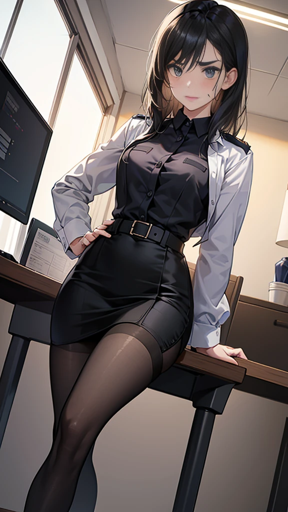 {{masterpiece}}, {{{Highest quality}}},{{Very detailed}},{{{from below}}},{{Female police officer sitting on a chair}}Pencil skirt with slits,Black leggings,Black tights,Small breasts Black underwear、Thin legs long sleeve police uniform,Sitting in a chair in an office with a serious expression,Focus on legs{{{Sitting in a chair in an office with a serious expression成熟した女性}}},{{疲労でSweatをかいている成人女性}},Sweat,Hold the arm with one hand ,sit,{{Blushing}},{{V-shaped eyebrows}}},{{{}},{椅子にsit}},{},, ,{{}},,,{{}},{{}},,Slender body}}{{Female police officer}},,blush,Wrinkles ,amount,Grit your teeth,suffering,v-shaped eyebrows.,Sweat dripping ,get annoyed,,Inside the office,