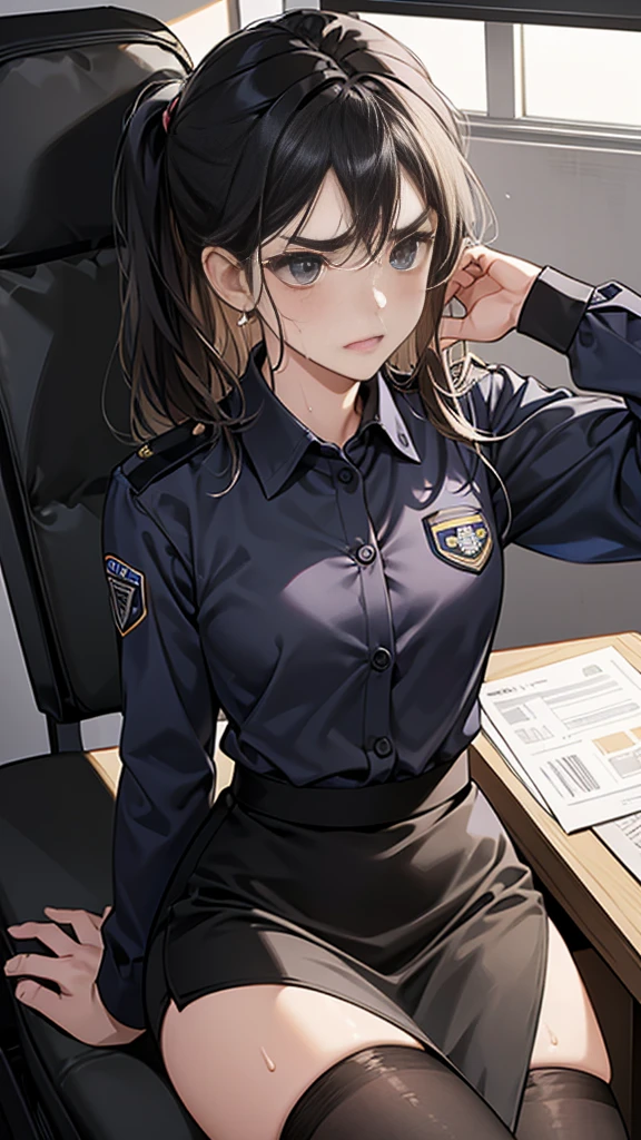 {{masterpiece}}, {{{Highest quality}}},{{Very detailed}},{{{from below}}},{{Female police officer sitting on a chair}}Pencil skirt with slits,Black leggings,Black tights,Small breasts Black underwear、Thin legs long sleeve police uniform,Sitting in a chair in an office with a serious expression,Focus on legs{{{Sitting in a chair in an office with a serious expression成熟した女性}}},{{疲労でSweatをかいている成人女性}},Sweat,Hold the arm with one hand ,sit,{{Blushing}},{{V-shaped eyebrows}}},{{{}},{椅子にsit}},{},, ,{{}},,,{{}},{{}},,Slender body}}{{Female police officer}},,blush,Wrinkles ,amount,Grit your teeth,suffering,v-shaped eyebrows.,Sweat dripping ,get annoyed,,Inside the office,