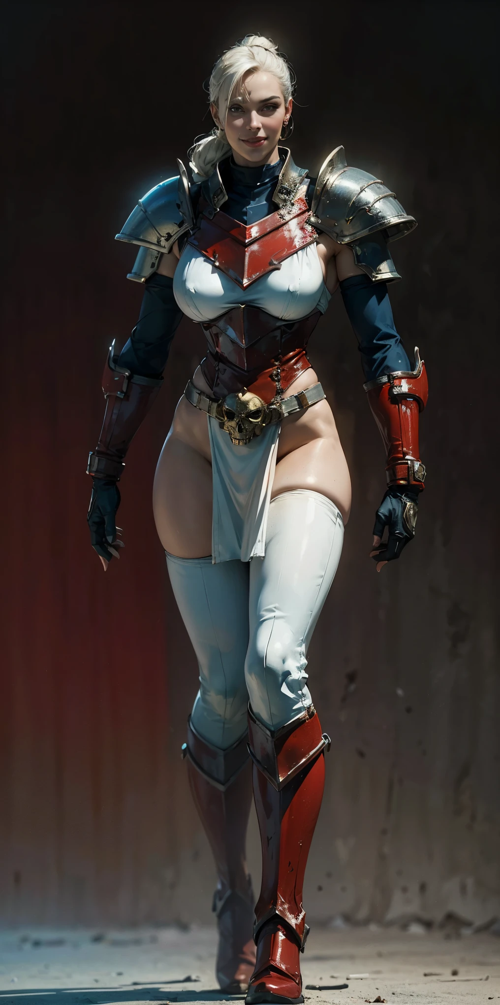 (masterpiece, best quality, 4k, 1girlsolo, 1MILF, mmplatz, smile, red cheeks, plain background:1.2) perfect face, perfect lighting, mature whsororitas with gloves red gauntlets in her hands like Cammy White from Street Fighter, bob white hair, warhammer 40k power armor suit with loincloth, red eyes like rubies, full body RED armor, view from below, looking to the viewer, arms to the sides empty hands, RED military boots, silver skull ornament attached to crossing 2 belt wide hips, 2 long legs