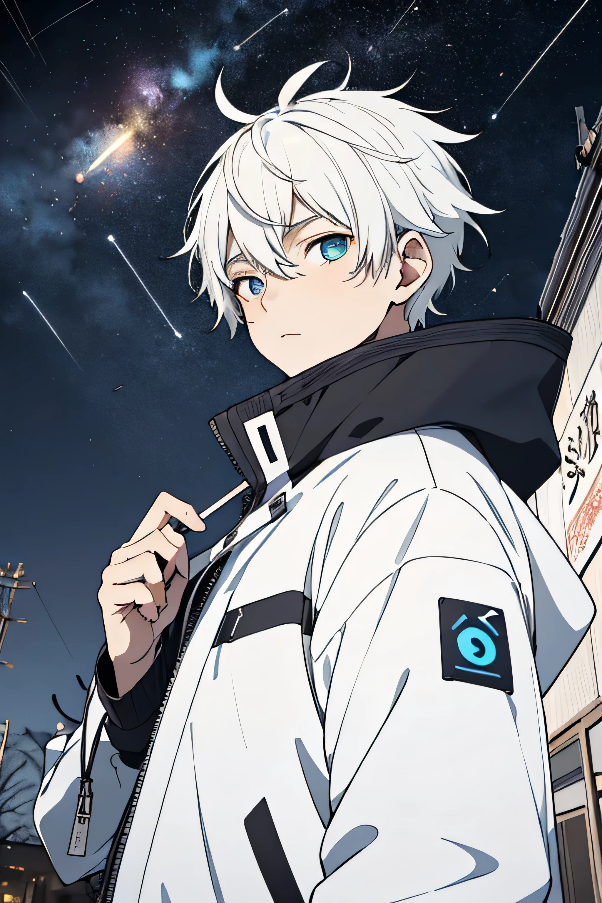 [(SkyBlue BACKGROUND:1.5),::5], ((((masterpiece)))), high quality, very_high_resolution, large_filesize, full color, ((younger boy)), 13 old year, ((men's short White hair)), vivid color, ((Blue eye)), Parka, (upper body), ((anime style)), ((Meteor shower))