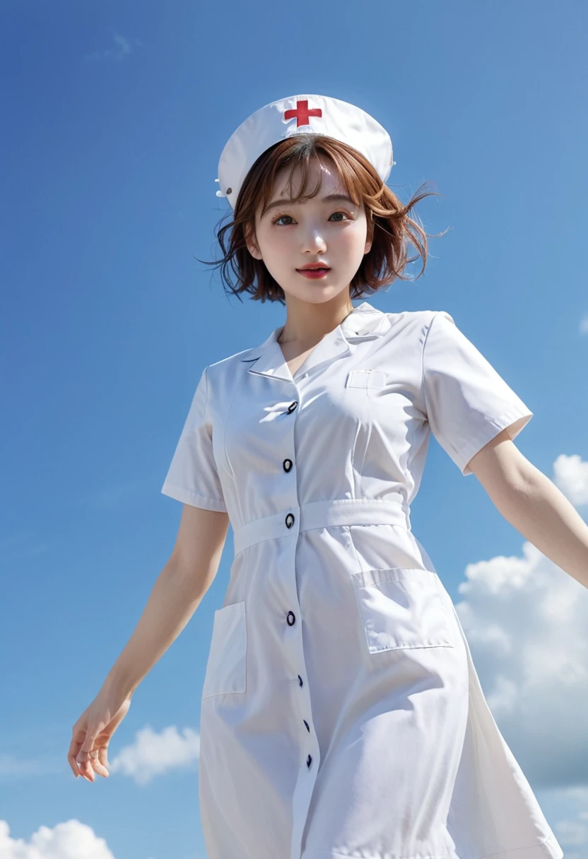 Full body portrait:1.4、Beautiful young nurse with very short chestnut hair、Wearing white nurse clothes、Put on a nurse's cap、Jumping against a detailed summer sky background、大きなRealな白い天使の翼のギミック、Halo、Shooting from a low angle。(Highest quality、4K、8k、High resolution、masterpiece: 1.2)、Super detailed、(Real、Photorealistic: 1.37)、Intricate and highly detailed faces、Delicate facial features、Expressive eyes、beautiful long eyelashes、Cute button nose、Detailed lips、Graceful pose、Dynamic Movement、Natural lighting、Warm tones、Golden Hour、Glowing Skin、ether、heaven、sacred、Celestial Bodies、