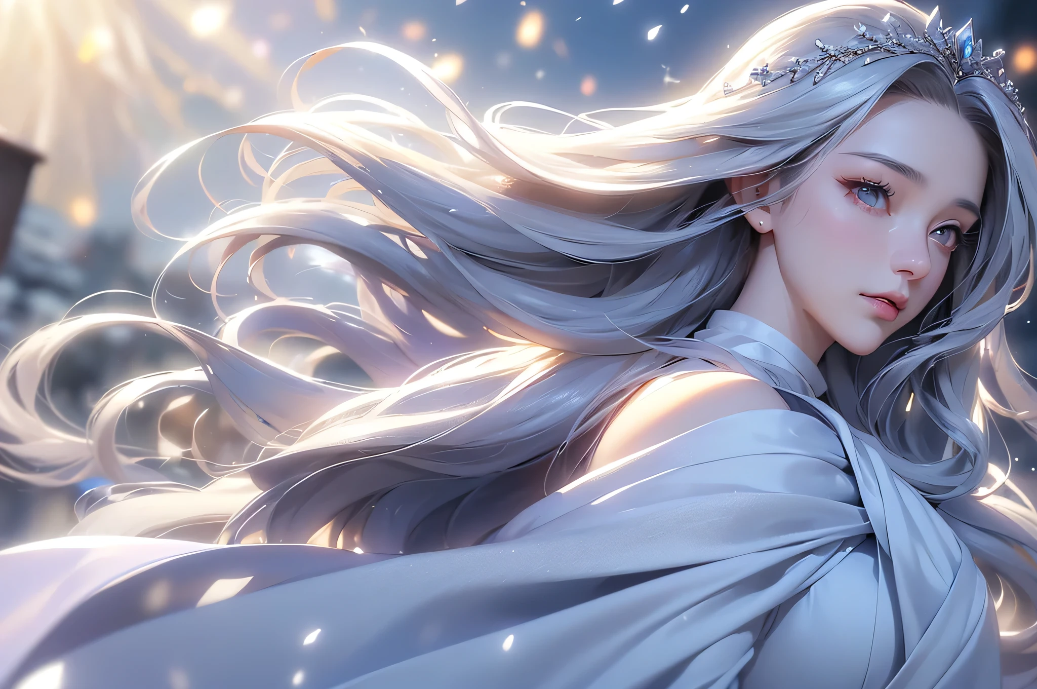 ((masterpiece:1.5、8k、Portraiture、Photorealistic and very detailed CG、Very detailed、Particle Effects、Dynamic Effects、Shallow depth of field、Cinematic Light、Lens flare、Ray Tracing、Tabletop、Realistic:1.4、Ultra-high resolution:1.2、Realistic、Realistic))((alone、,A woman wearing a cashmere coat over an off-the-shoulder dress:1.4、Elegant woman posing、Detailed face、brightexpression、young, bright, Whiter skin、Ample breasts、Best Looks、Ultimate beauty、Shiny silver hair with highlights、bright and shiny hair,、Super long, Silky straight hair、Hair dancing in the wind))(morning、The setting is outdoors in the snow、Surrounded by illuminations)Wear warm clothes