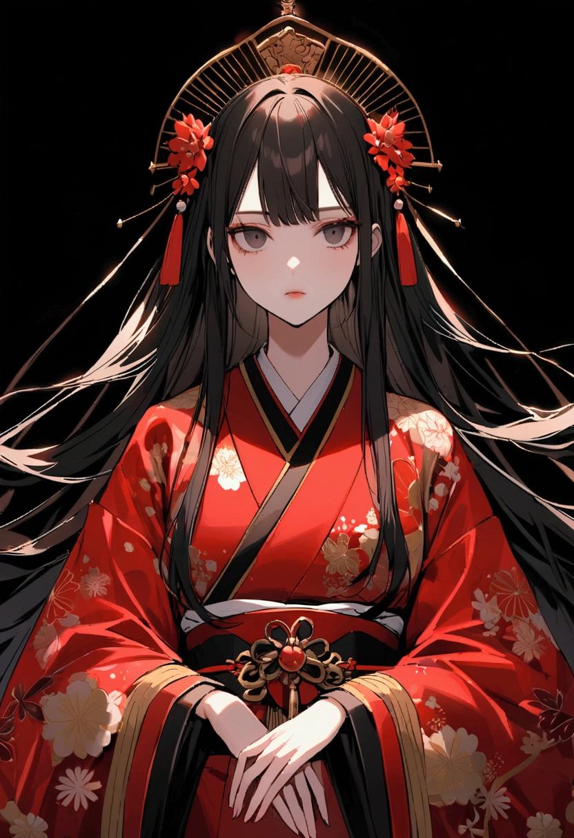 Japanese doll　Red kimono　Black hair okata　Dark Eyes　Expressionless　red little lips　Direct land immovable　Staring straight ahead　Black background