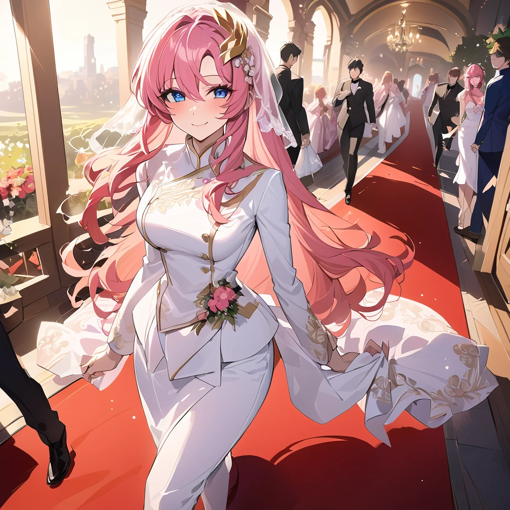 ((Highest quality)), ((masterpiece)), (detailed), (Perfect Face)、The woman, Lacus Ram Tao, is happily walking down the red carpet aisle, embraced by Orpheus, a handsome man with blue eyes, medium-long pink hair, and slightly longer blonde hair wearing a white tuxedo.、The woman is Queen of Accord, wife of King Orpheus of Accord, wearing a vintage wedding dress and wedding veil with gorgeous gold embroidery and trim, an engagement ring, beautifully decorated accessories, and gorgeous hair ornaments. She is named Lux Lam Tao and has medium-long pink hair.、Beloved wife of Orpheus, King of Accord