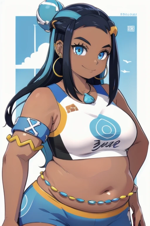 NESSA_POKEMON, 1FAT GIRL, SOLO, DARK SKIN, BLUE EYES, BLACK HAIR, BLUE HAIR, TWO-TONE HAIR, SHORTS, CROP TOP, JEWELRY, NECKLACE, EARRINGS, BIG BELLY CHAIN, ARMLET, MIDRIFF, facing viewer, looking at viewer, upper body plus, smile.