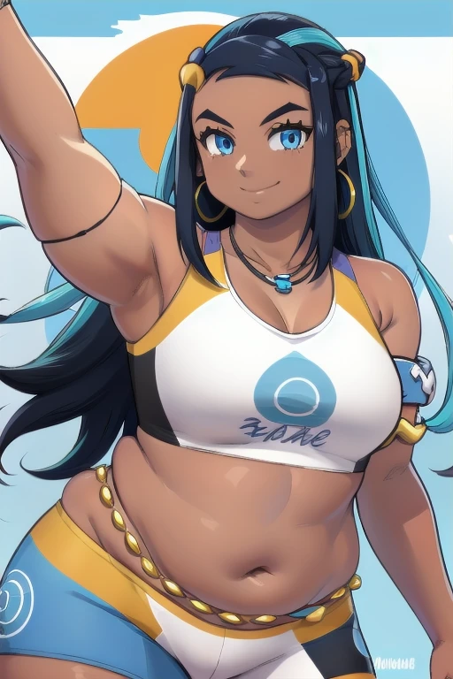 NESSA_POKEMON, 1FAT GIRL, SOLO, DARK SKIN, BLUE EYES, BLACK HAIR, BLUE HAIR, TWO-TONE HAIR, SHORTS, CROP TOP, JEWELRY, NECKLACE, EARRINGS, BIG BELLY CHAIN, ARMLET, MIDRIFF, facing viewer, looking at viewer, upper body plus, smile.