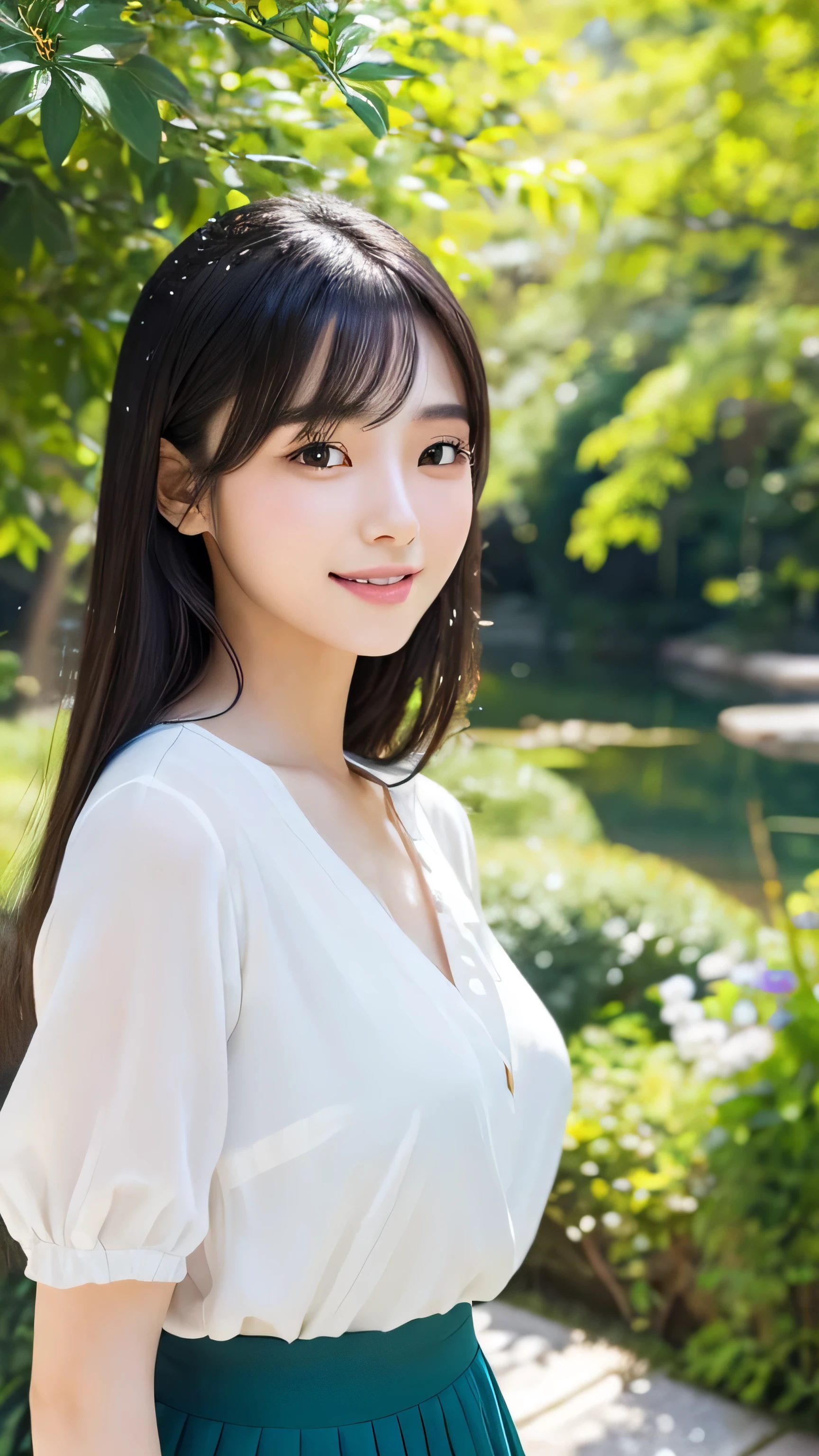 Create an ultra-realistic image of a 21-year-old Japanese woman named Kotone visiting Kenrokuen Garden in Ishikawa. She has extremely long, perfectly straight black hair that flows down to her waist, with blunt bangs that cover her forehead. Her eyes are large and have double eyelids with black pupils, giving them a captivating and youthful appearance. Her face is delicate and innocent, with very thin eyebrows. Kotone's skin is smooth and flawless, resembling snow in its pure white color. She has a slender and well-proportioned body with a shapely bust size of 95 cm. Her complexion is flawless, without any wrinkles, and her natural makeup enhances her features subtly. She embodies a perfect balance of youthful charm and mature elegance, with a cute and innocent smile that adds warmth and affection to her appearance. Kotone is wearing a stylish casual outfit, appropriate for a garden visit, such as a light blouse and skirt. She is standing on a picturesque bridge, surrounded by lush greenery and beautiful flowers. The lighting is natural, highlighting her smooth skin and the serene beauty of the garden.