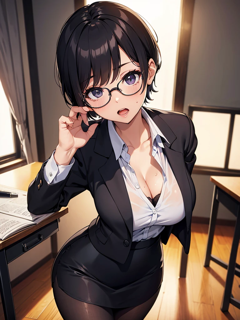 masterpiece, best quality, high definition images, atmospheric perspective, expressive eyes, perfect face, ultra detailed, solo, 1mature seductive woman, pinup, sexy pose, alluring pose, female teacher, black short bob hair, simple glasses, business suit, jacket, blouse, cleavage, pencil skirt, tight mini skirt, lifting skirt, black panties, curvy, thighs, pantyhose, high heals, open legs, look ecstasy, sweaty, open mouth, in study room,