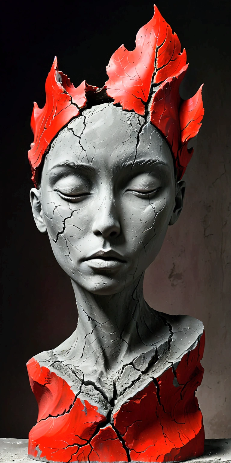 Abstract Sculpture，Gray cement sculpture，Art work，(((Rough surfaces and cracks)))，Abstract Art,Surrealism，(((Leave the top blank，Sense of space))).Red background