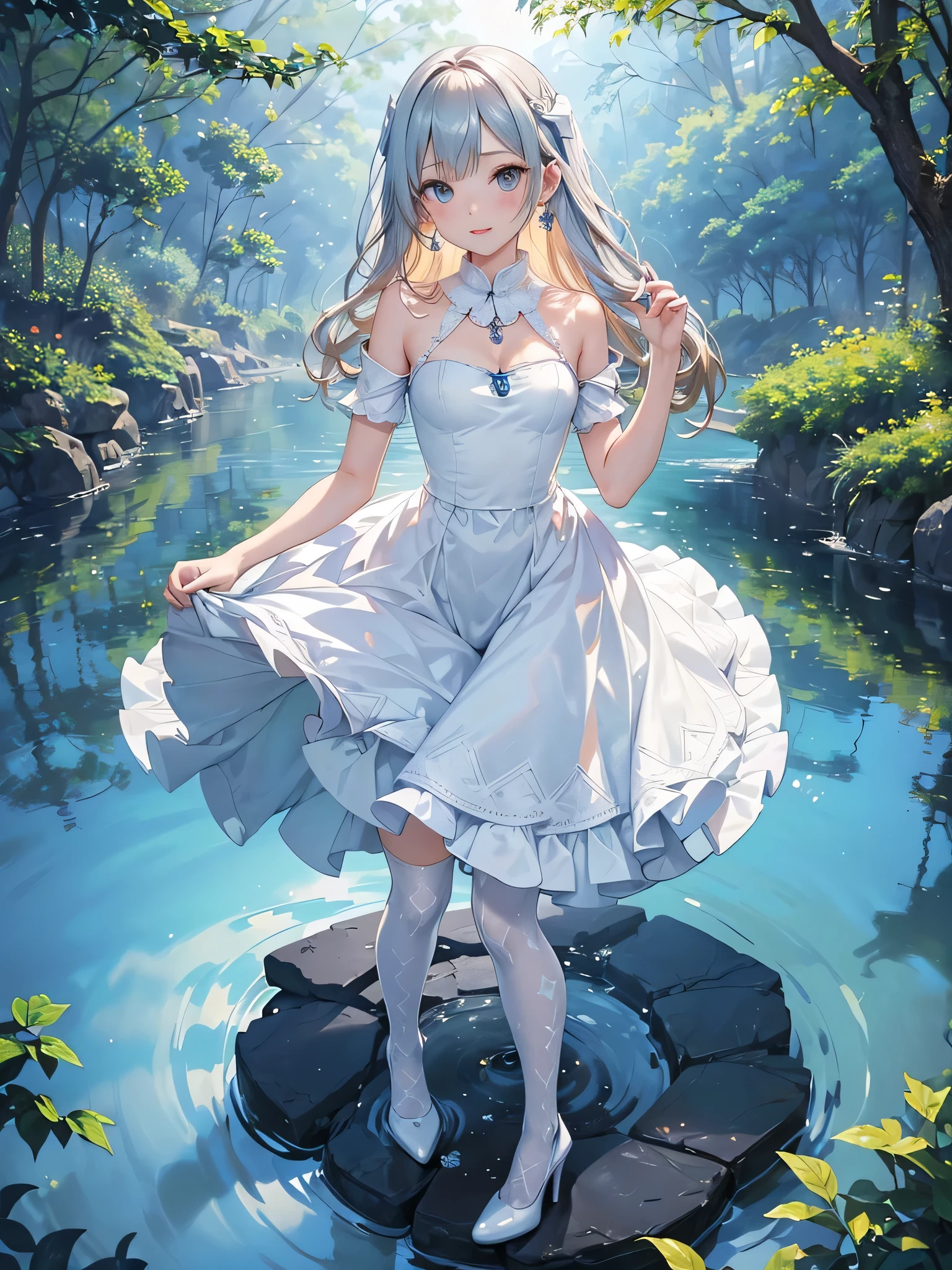 ((Biologically correct limb count)),(( From head to toe,Full-body photo including face)),4K,((Standing position)),masterpiece,((Focus on the face)),((Symmetrical facial features)),Eyes with detailed description,Beautiful woman,Great style,Beautiful arms,Beautiful legs,Beautiful Hands,(Small Ass,Thin thighs),Detailed depiction of the face,Small earrings,necklace,(White dress((High heels,Patterned stockings))),((evening,Playing in the river)),(((blue blonde))),Realistic photo,Focus on the face