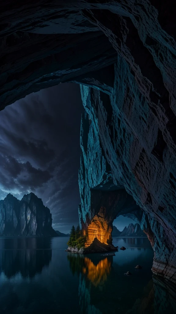 Photographs that capture the essence of a magical dream world. An epic cliff，Hanging over a beautiful lake, Surreal and vivid colors illuminate its reflection. The atmosphere is otherworldly, The soft night light casts a flowing shadow. The image creates a sense of depth and mystery, It&#39;s as if the audience is taken into another dimension., Create beautiful and memorable work. Shot with Canon EosIII Zeiss 120mm wide angle lens