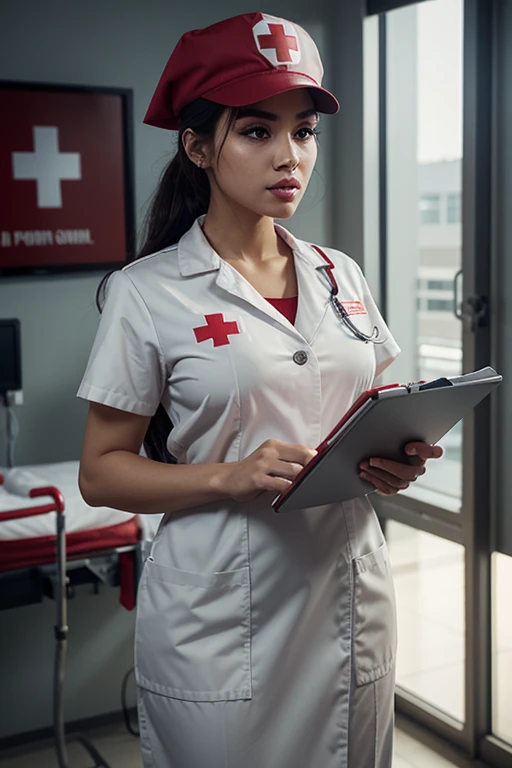 Full body, a nurse cap with red cross symbol, beautiful detailed eyes, beautiful detailed lips, extremely detailed face, longeyelashes, medical uniform, medical equipment, holding a clipboard, standing in a hospital interior with blurred background, professional, photorealistic, cinematic lighting, epic, dramatic, intricate details, highly detailed, masterpiece, 8k