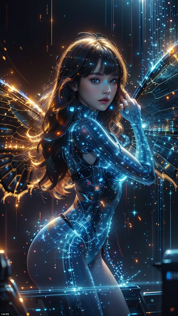 Ultra-Realistic Capture,18k,RAW Photos,Highest quality,masterpiece,reality,Very detailed,live-action,Very beautiful woman,Detailed face,Glowing Skin,Rainbow, Blue eyes, Automata,cyber punk,18-year-old ,Model body type,slim,So many LEDs,Clothes made of light particles,Rainbow Skin,Electronic devices embedded in the body,Very detailed electronic equipment, butterfly wings on her back, A bunch of glowing wires, Very long hair girl, Glittering, Black girl, Green Style, Large Breasts,Acrobatic poses,(Middle finger),neon,Long legs, Black girl, long curly brown hair , with blonde bangs on her head 