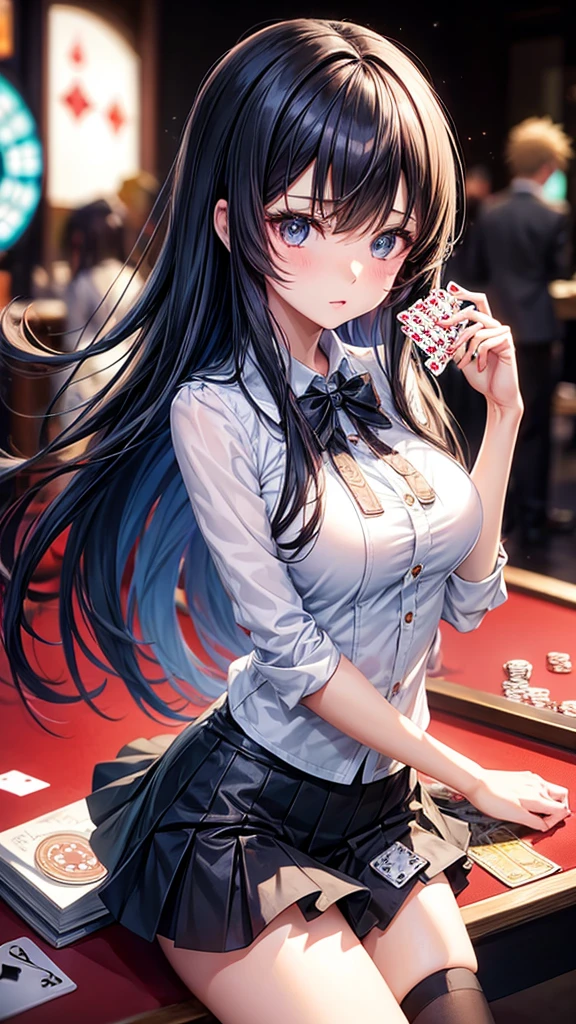 8K、Very detailed、She has medium-long black hair, wears an off-the-shoulder white button-up shirt with a collar, and a navy blue short box pleated skirt.、(aiming at viewer, guns)、Abandoned Casino、Japanese women