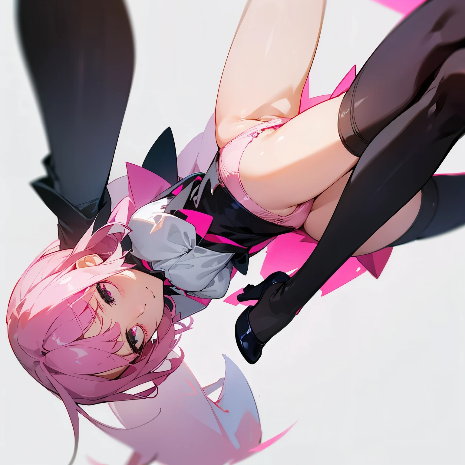 An image focusing on the lower part of a person, directly on their backside, showing a short, fitted pink skirt with visible thighs and underwear. The person is wearing black stockings that cover the legs up to just below the skirt. The skirt can be of a simple design or have subtle details, and the black stockings are opaque and patternless. The person is in a doggy style position, and they have dull pink hair