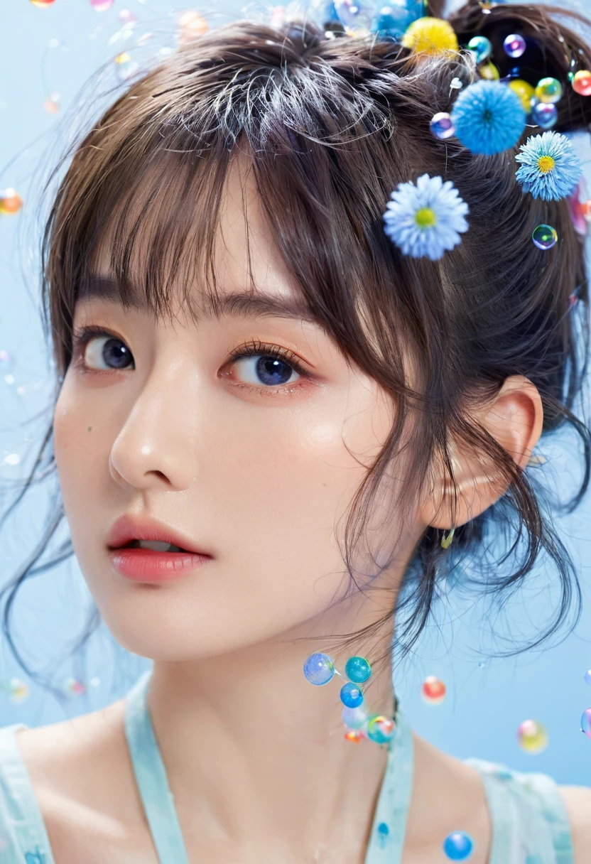 (masterpiece), (best quality), (Extremely detailed),(Messy hair),(illustration), (1 Girl), (Fashion), permanent, fashion model, Looking at the audience, (interview), (Simple background),Beautiful and delicate eyes, Delicate and beautiful face, floating,(High Saturation),(Colorful splash),Colorful bubbles,(shining), Focus on the face,  Ponytail, Kamisato Ayaka, Light blue hair, Bangs, Hair ring, Floating flowers, Floating hair, (shining), Optimal lighting, Best shadow,
