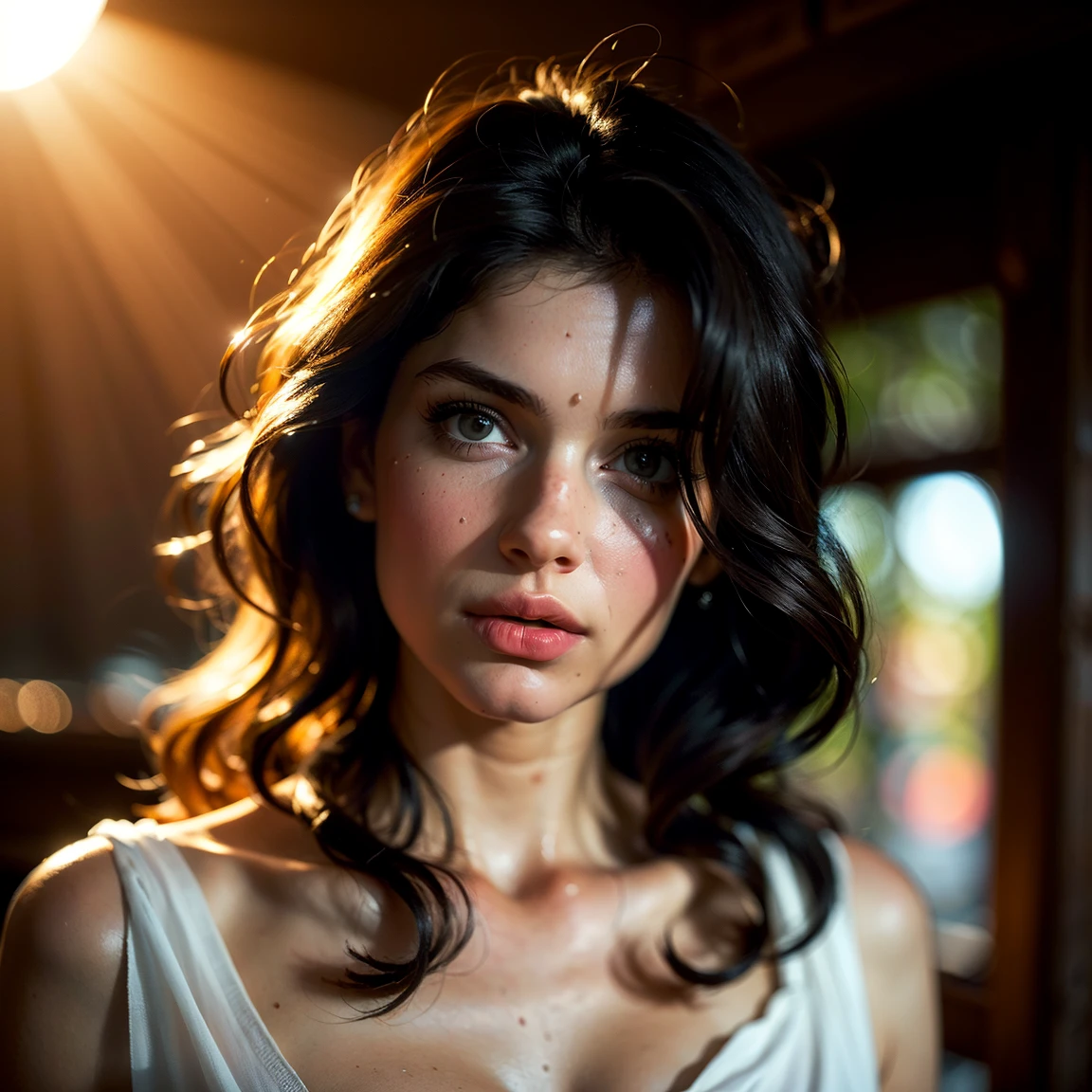 (((ultra realistic))) Photo, masterpiece, top quality, (pale skin), (Ultra detailed face and eyes:1.3), 1 girl(Indian beautiful girl), , in a T-shirt, (Eye makeup, mascara) , ((large detailed lips)), ((ash wavy hair)), ((Chyolka)) , . ((Posing)), photoshoot, studio (soft lighting), (The play of light and shadows), depth of field, bokeh, (special attention to skin detail: 1.2), Detailed leather texture, skin pores. (Airy atmosphere of the frame. Color range - delicate, Bright, white, Pink tones), UDR, ((Film grain)), ((rays)), ((glare of the sun)), ((waist up portrait, close to the camera)) , ultra detialed,