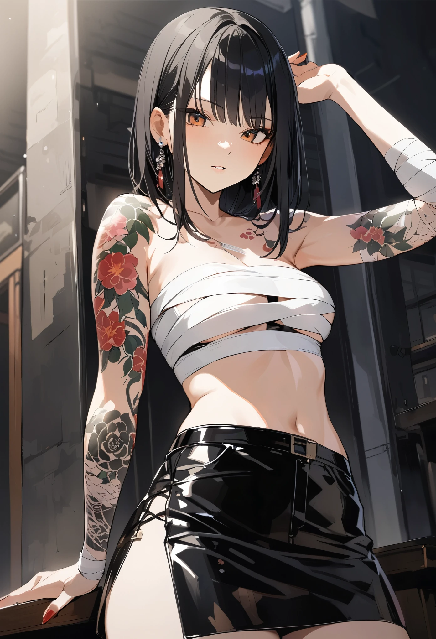 pretty black hair girl with yakuza tattoo wearing transparent sarashi and black mini skirt