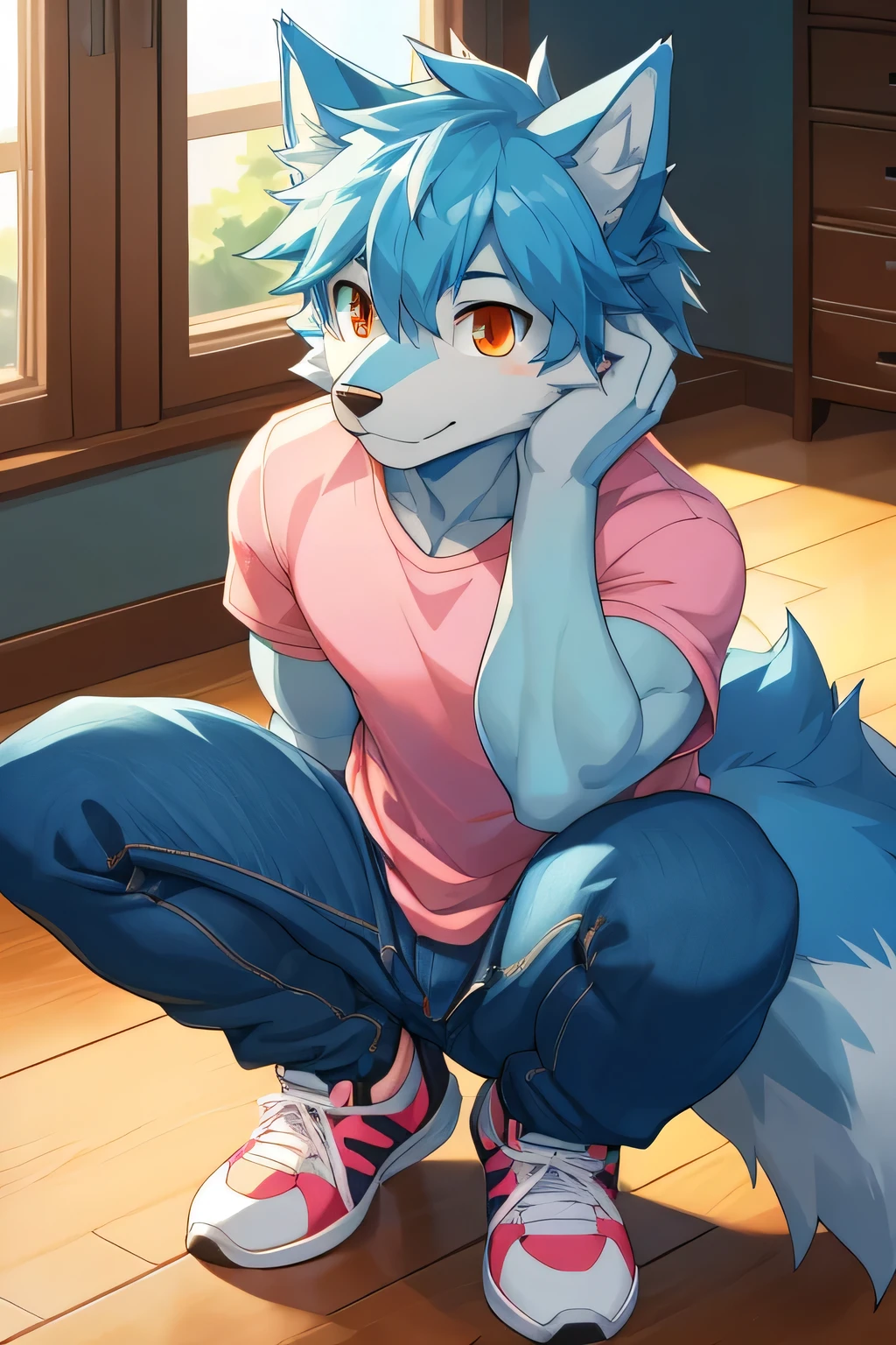 furry , Alone ,light blue wolf,blue pattern,Dark orange eyes,light muscles,,Try fashion sneakers,beautiful face,shy face.,Sitting in the room, Shota(highest resolution) legs open squatting jeans and pink shirts fluffy tail