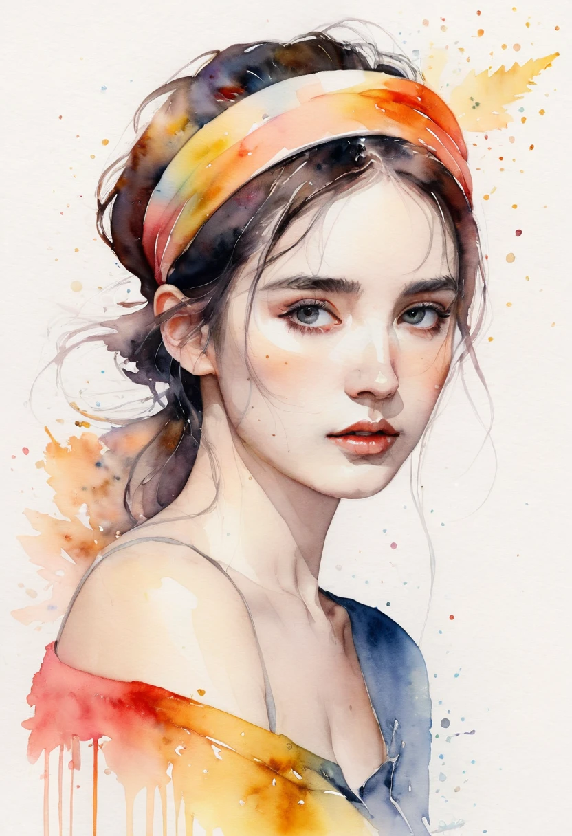 (8K, best quality, masterpiece:1.2),(best quality:1.0), (Ultra-high resolution:1.0), watercolor, A beautiful woman, Shoulder, Headband, author：Agnes cecile, Half-length portrait, Extremely bright design, Soft colors, (ink:1.3), Autumn Lights,