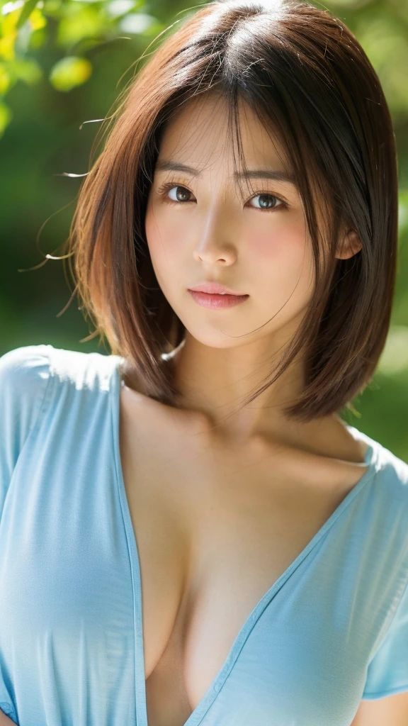 Japanese women、Clothes that do not expose skin、summer、Close-up of face and chest、Medium Hair