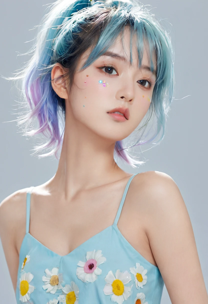 (masterpiece), (best quality), (Extremely detailed),(Messy hair),(illustration), (1 Girl), (Fashion), permanent, fashion model, Looking at the audience, (interview), (Simple background),Beautiful and delicate eyes, Delicate and beautiful face, floating,(High Saturation),(Colorful splash),Colorful bubbles,(shining), Focus on the face, Ponytail, Kamisato Ayaka, Light blue hair, Bangs, Hair ring, Floating flowers, Floating hair, (shining), Optimal lighting, Best shadow,