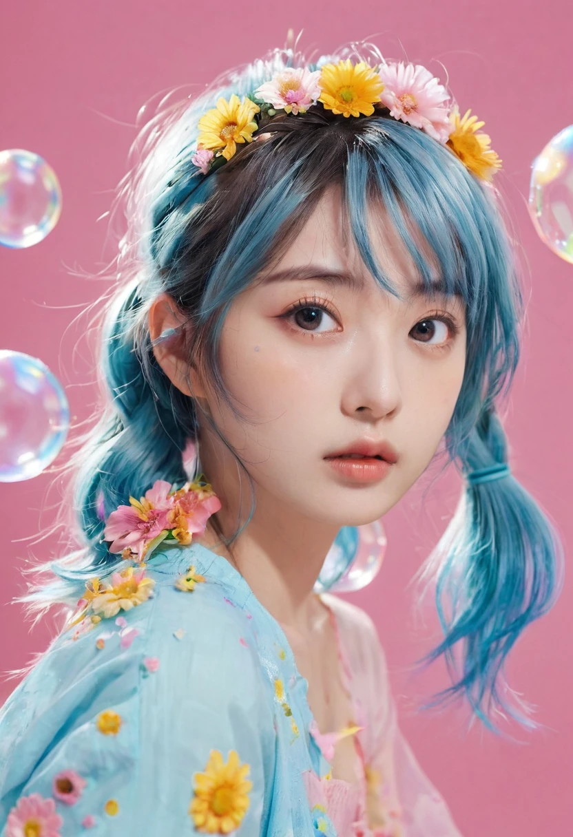 (masterpiece), (best quality), (Extremely detailed),(Messy hair),(illustration), (1 Girl), (Fashion), permanent, fashion model, Looking at the audience, (interview), (Simple background),Beautiful and delicate eyes, Delicate and beautiful face, floating,(High Saturation),(Colorful splash),Colorful bubbles,(shining), Focus on the face,  Ponytail, Kamisato Ayaka, Light blue hair, Bangs, Hair ring, Floating flowers, Floating hair, (shining), Optimal lighting, Best shadow,