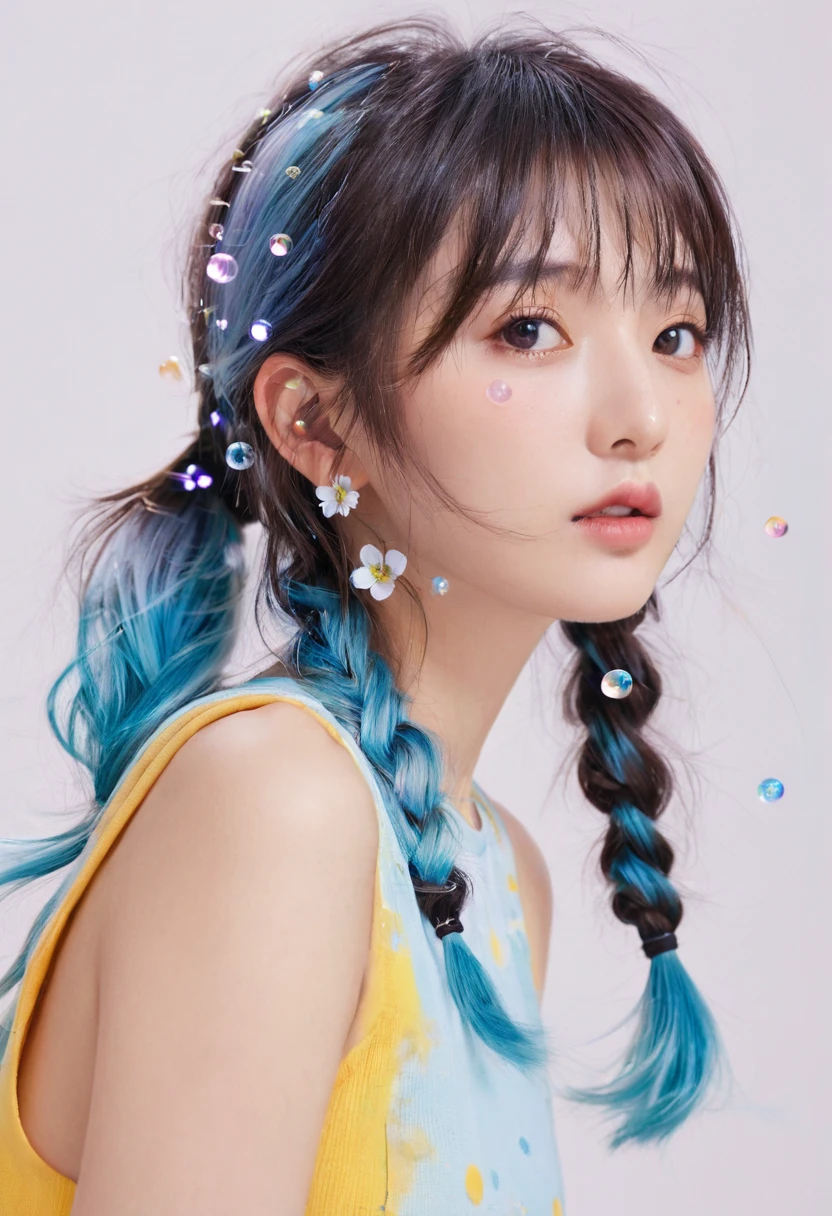 (masterpiece), (best quality), (Extremely detailed),(Messy hair),(illustration), (1 Girl), (Fashion), permanent, fashion model, Looking at the audience, (interview), (Simple background),Beautiful and delicate eyes, Delicate and beautiful face, floating,(High Saturation),(Colorful splash),Colorful bubbles,(shining), Focus on the face, Ponytail, Kamisato Ayaka, Light blue hair, Bangs, Hair ring, Floating flowers, Floating hair, (shining), Optimal lighting, Best shadow,