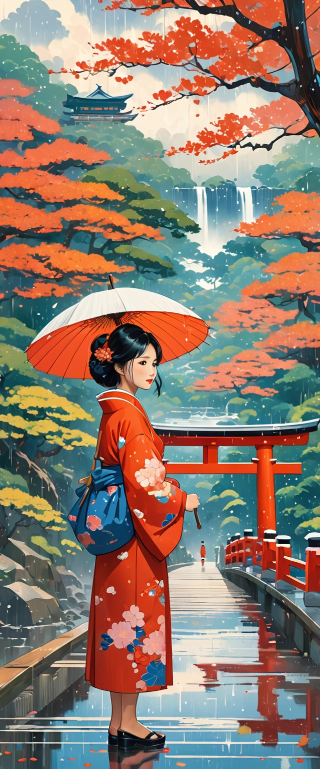 painting of a person standing on a bridge in the rain, Yun Ling, Tatsuro Kiuchi, por Shin Yun-bok, por John Wonnacott, blurry and dreamy illustration, By Torii Kiyomasu, painterly illustration, Japanese art on Behance, blurred and dreamy illustration, tom richmond illustration, por Kim Myeong-guk, illustration, professional painting 4k, GAME, Detailed key anime art, illustration, a beautiful artwork illustration, beautiful digital painting, very detailed digital painting, beautiful digital artwork, detailed painting 4k, very detailed digital painting, rich and picturesque colors, beautiful digital painting