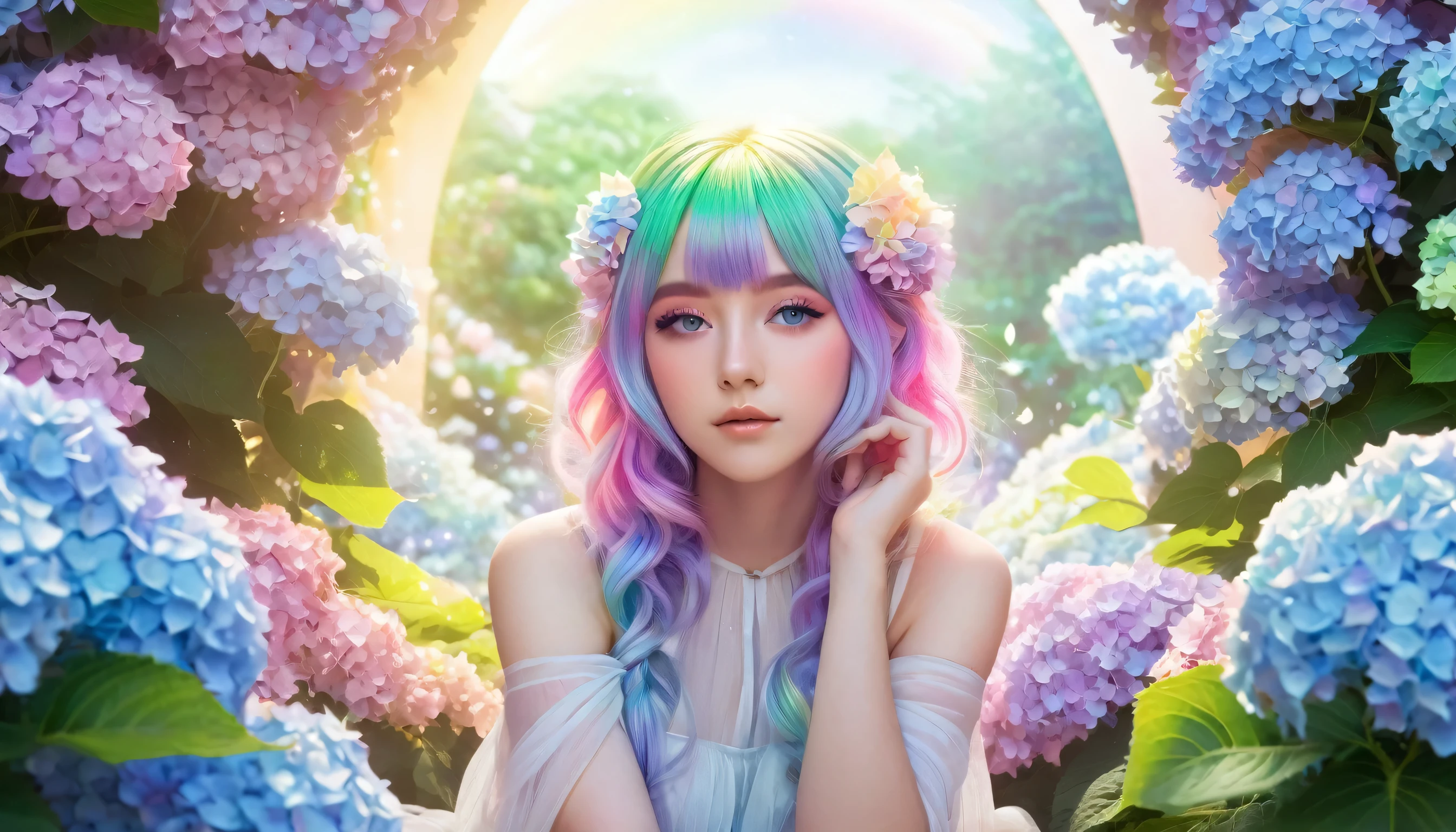 A beautiful anime girl with rainbow hair and eyes is resting in a magical garden. She is surrounded by pastel-colored hydrangeas, and a double rainbow arches over the scene. The style is light and dreamy, with a soft focus and ethereal quality.