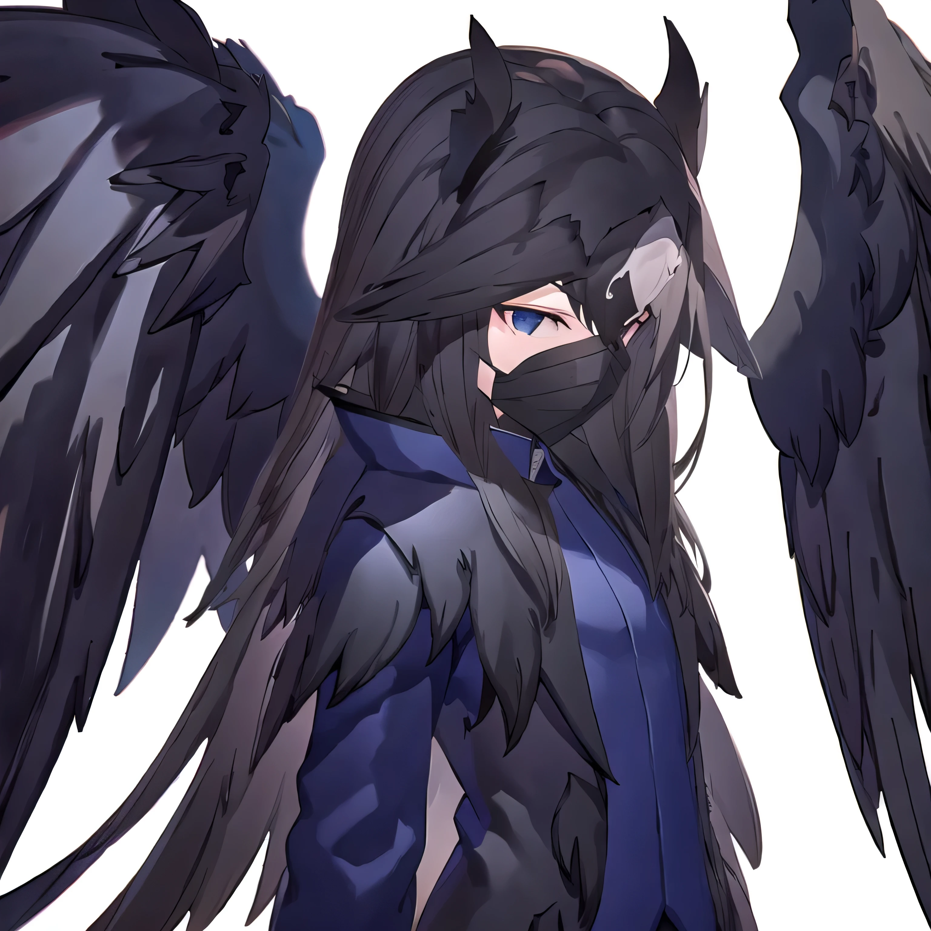 Windrazor, 1girl, wearing hoodie, close all face with mask, green eyes, black wings, big wings, medium breast, outdoors, rooftop, afternoon, 12:25pm
