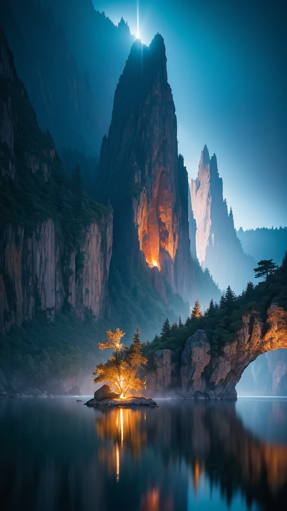 Photographs that capture the essence of a magical dream world. An epic cliff，Hanging over a beautiful lake, Surreal and vivid colors illuminate its reflection. The atmosphere is otherworldly, The soft night light casts a flowing shadow. The image creates a sense of depth and mystery, It&#39;s as if the audience is taken into another dimension., Create beautiful and memorable work. Shot with Canon EosIII Zeiss 120mm wide angle lens