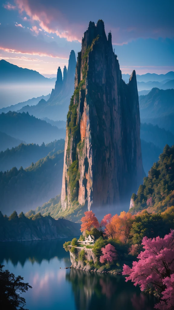 Photographs that capture the essence of a magical dream world. An epic cliff,Hanging over a beautiful lake, Surreal and vivid colors illuminate its reflection. The atmosphere is otherworldly, The soft night light casts a flowing shadow. The image creates a sense of depth and mystery, It's as if the audience is taken into another dimension., Create beautiful and memorable work. Shot with Canon EosIII Zeiss 120mm wide angle lens
