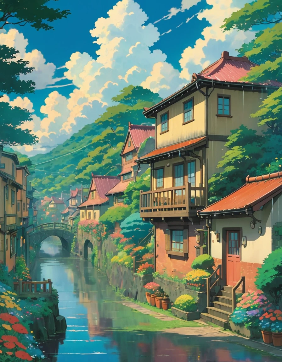I have an image generator and I would like it to create a calm Studio Ghibli style image., with rain and a little aesthetic . I want the image to be simple, However, captures the fantastic world of Studio Ghibli.. This will be my background image.. Thank you for creating this for me..